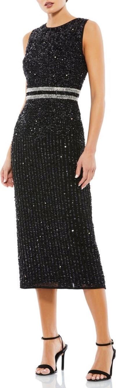 Mac Duggal Black Sleeveless High Neck Beaded Midi Sheath Dress Size 12